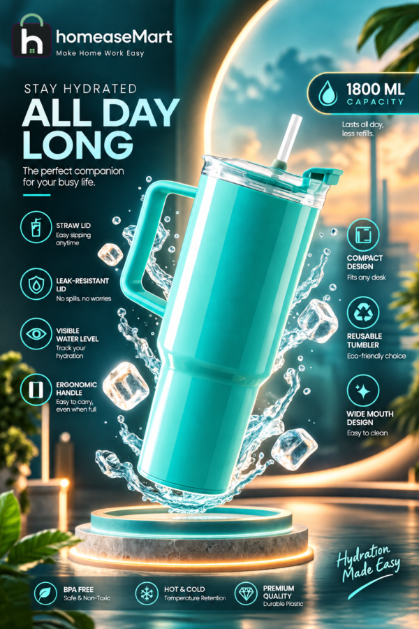 1800 ML Aqua Blue Insulated Tumbler with Straw Lid and Handle for Office, Work & Daily Hydration