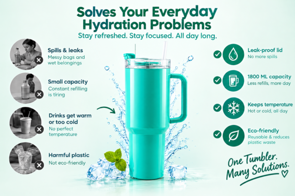 1800 ML Aqua Blue Insulated Tumbler with Straw Lid and Handle for Office, Work & Daily Hydration