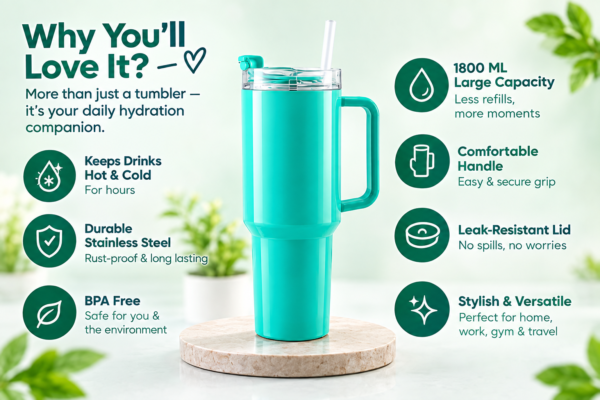 1800 ML Aqua Blue Insulated Tumbler with Straw Lid and Handle for Office, Work & Daily Hydration